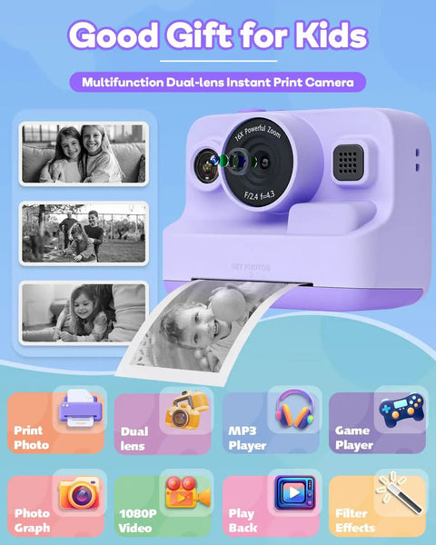 Instant Print Camera For Kids With 2.4 Inch Screen And Quick Photo Printing, Fun Portable Gift For Christmas Or Birthday, Ideal For Ages 3 To 12, Purple Color, Includes 32GB Memory Card, Lanyard, And Three Printing Paper Rolls Included. Purple dual-lens kids instant print camera with photo printing