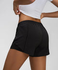 Side view of Women's Low Rise Running Shorts With Mesh Lined Built-In Liner, Quick Dry Workout Short With Zip Pocket, Black