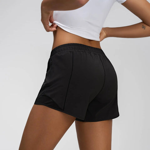 Side view of Women's Low Rise Running Shorts With Mesh Lined Built-In Liner, Quick Dry Workout Short With Zip Pocket, Black