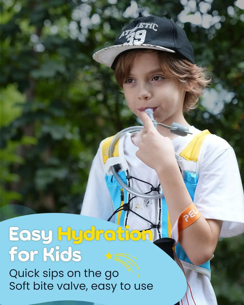 Child using Kids Hydration Backpack With 1L Water Bladder On The Go Adjustable Reflective Running Vest With 8 Pockets Lightweight Pack