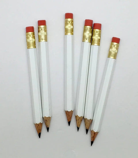 Half Pencils With Eraser For Golf And Pew Use, Short White Hexagonal Pencil, Number Two HB Graphite Lead, Latex Free Eraser