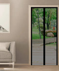 Self Sealing Magnetic Screen Door For Pets And Kids With Hands Free Entry Keeps Bugs Out Heavy Duty Mesh Curtain Flame Resistant Black 30 By 80 Inches Easy To Install Durable Pet And Kid Friendly Sliding Screen Door installed in living room doorway