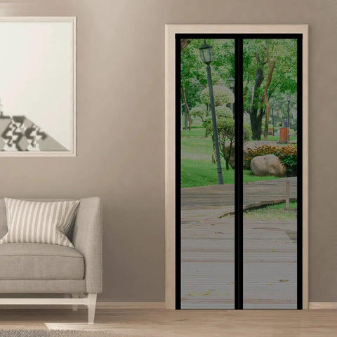 Self Sealing Magnetic Screen Door For Pets And Kids With Hands Free Entry Keeps Bugs Out Heavy Duty Mesh Curtain Flame Resistant Black 30 By 80 Inches Easy To Install Durable Pet And Kid Friendly Sliding Screen Door installed in living room doorway