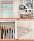 Adjustable shelves and two hanging rods in Freestanding Closet System With Adjustable Hanging Rods And Super Sturdy Steel Frame Built For No Sweat Setup And Roomy Multi Purpose Wardrobe Shoe Storage Tower.