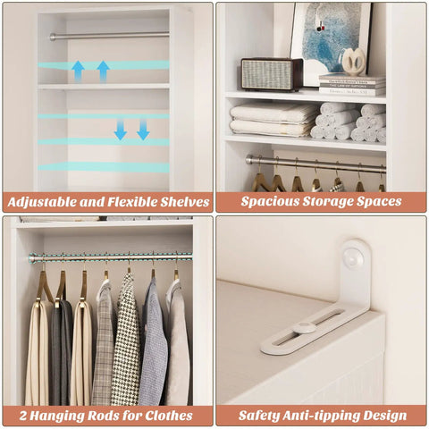 Adjustable shelves and two hanging rods in Freestanding Closet System With Adjustable Hanging Rods And Super Sturdy Steel Frame Built For No Sweat Setup And Roomy Multi Purpose Wardrobe Shoe Storage Tower.