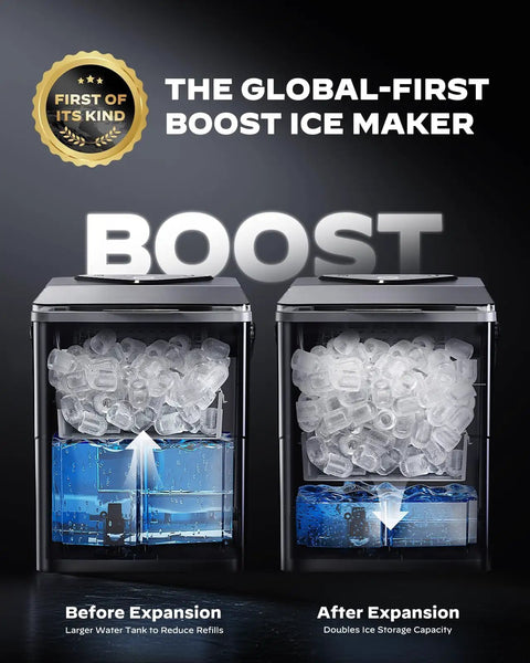Countertop Ice Maker With Spring Loaded Expanding Ice Basket Holds 2.5L Of Ice And Up To 9 Cups Delivers 9 Cubes In About Six Minutes Two Ice Sizes Self Cleaning With LED Touch Control For Home Kitchen Or Office On Demand Ice showing expansion feature