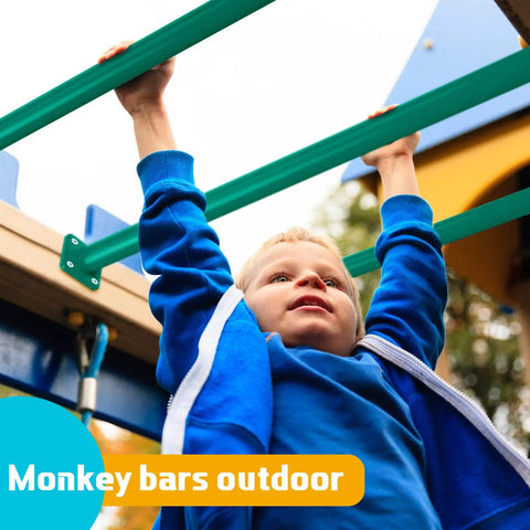 Child playing on green Six Pack 16.5 Inch Metal Monkey Bars Ladder Rungs For Swing Sets And Jungle Gyms 1.27 Inch Diameter outdoor