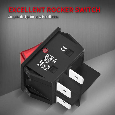 Beefy 30A 250V DPST Rocker Switch With Red Illuminated Indicator 4 Pin for 120V or 240V use showing the snap-in design.