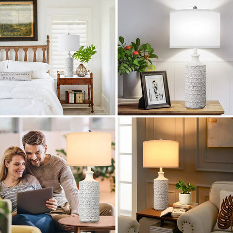 Farmhouse Ceramic Table Lamp With White Fabric Shade, Modern Tall Desk Lamp in bedroom, living room, and office settings