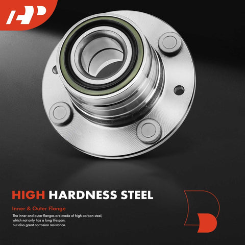 Rear Wheel Bearing And Hub Assembly 4-Lug Fit Ford Escort 1991-2003 Mazda Protege 1990-2003 MX-3 1992-1996 323 1989-1995 Drop-In Replacement With Bearings Easy Install front view on dark background