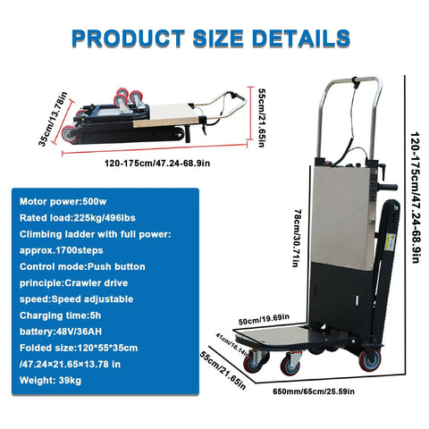 Upgraded Electric Stair Climbing Hand Truck With Heavy Duty Track Design, Powerful 850W Brushless Motor For Loads Up To 661 Lbs image showing product size details and dimensions.