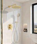 Iriber Brushed Gold Shower System Faucet Set, Filtered Handheld shower with round rain shower head and hose.