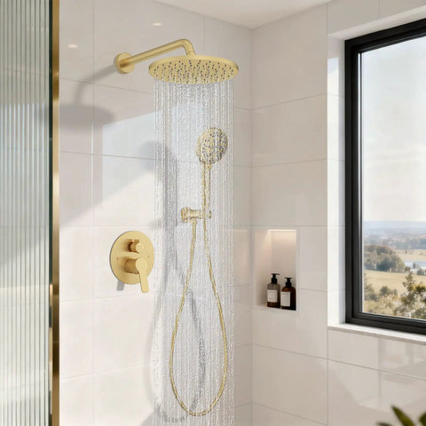 Iriber Brushed Gold Shower System Faucet Set, Filtered Handheld shower with round rain shower head and hose.
