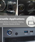 Power Button Cover Kit For PC And Home Gear, No Fuss Safety Guard Cap With Quick Install displayed on various devices.