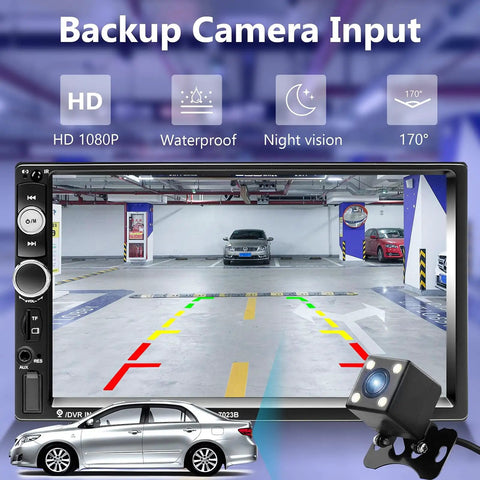 Double Din Car Stereo With 7 Inch HD Touch Screen Bluetooth Handsfree Mirror Link USB SD FM Radio Backup Camera And Wireless Steering Wheel Control, displaying backup camera feature in a parking garage.