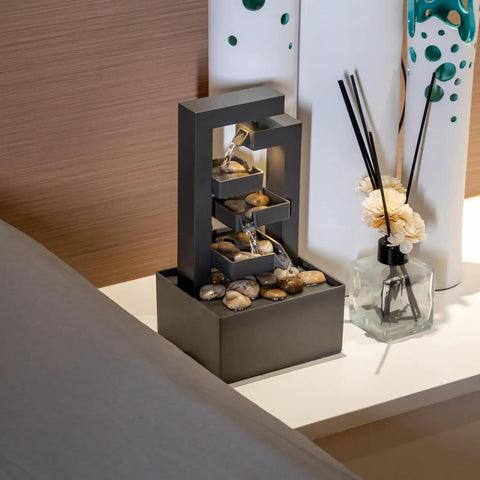 Small Desktop Waterfall Fountain 9.65 Inches For Desk Zen Vibes And Relaxation, 3 Tier Stone Water Feature with LED on table