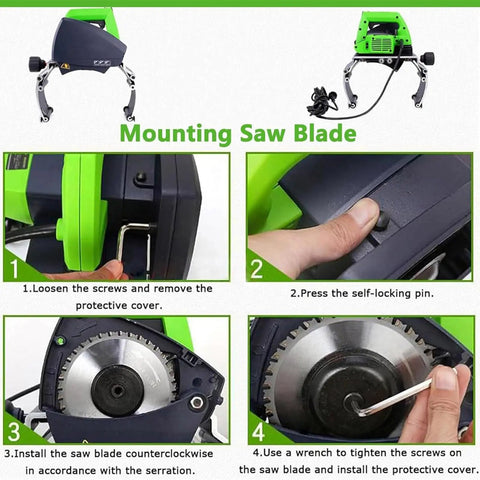 Instructional guide for mounting saw blade on Electric Pipe Cutter With Multispeed Settings Heavy Duty Cutting Tool.