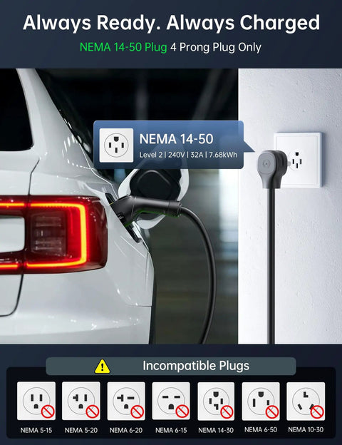 32A Level 2 EV Charger 240V 7.68kW Portable With 21ft Cable Adjustable Current And Delay SAE J1772 Compatible NEMA 14-50 Plug