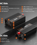 Beefed Up 2000W Pure Sine Wave Inverter with Remote Control showing AC and DC sides, USB ports, and LCD display
