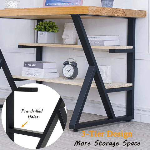 3-Tier Metal Table Legs Set Of 2, Beefy Black Steel Desk And Dining Table Legs, 28 Inch Tall By 24 Inch Wide, K-Shaped Industrial Modern Heavy-Duty Support For Tables, Desks, And Workstations with attached wooden shelves