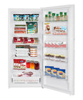 Big Boy Upright Freezer With Convertible Fridge Mode, Four Handy Shelves, Garage Ready No Hassle Defrost, Loads Of Room For Meat Cuts, Massive 21 Cubic Foot Capacity, White full of frozen food items and jars, viewed from the front.