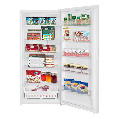 Big Boy Upright Freezer With Convertible Fridge Mode, Four Handy Shelves, Garage Ready No Hassle Defrost, Loads Of Room For Meat Cuts, Massive 21 Cubic Foot Capacity, White full of frozen food items and jars, viewed from the front.