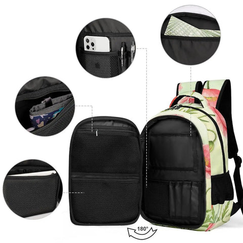 Red Pink Poppy Watercolor Printed Backpack for Unisex Everyday Carry showing interior pockets and compartments with smooth zippers.