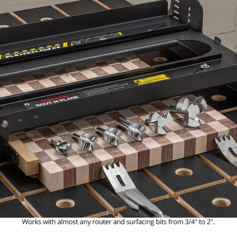 Rout N Plane Bench Top Board Mill XL Router Sled For Flattening And Surfacing Cutting Boards And Glued Up Panels Up To 24 Inches Wide, DIY Friendly Easy To Use Heavy Duty Build USA Made with woodworking tools visible