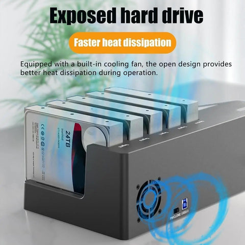 Five Bay Hard Drive Enclosure Copier Box For Offline Cloning Sata Ssd And Hdd Delivering 5Gbps Through Usb 3.0 with exposed drives.