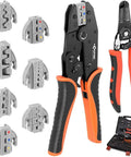Nine Piece Ratcheting Crimping Tool Set With Seven Interchangeable Dies And Wire Stripper For AWG 22 To 2 And Zero Point Five To Thirty Five