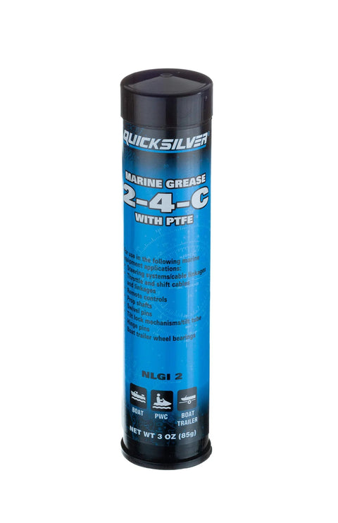 Front view of Quicksilver 2-4-C marine grease with PTFE, 3 oz cartridge, blue label and black cap.