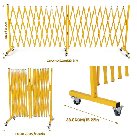 Crew Certified Expandable Metal Barricade With Heavy Duty Roller Casters And Quick Break Down Scissor Gate folded and expanded views.