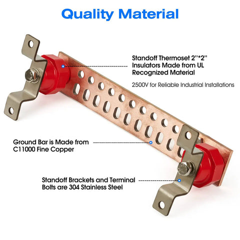 Heavy Duty Copper Ground Bar Kit With 24 Holes And Slots For Flexible Terminal Positioning, 12 Inch Grounding Bus Bar, 2500V Rating