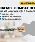 Close-up of 1mm Diamond Drill Bit with collet, compatible with Dremel tools for glass, stone, and ceramic work.