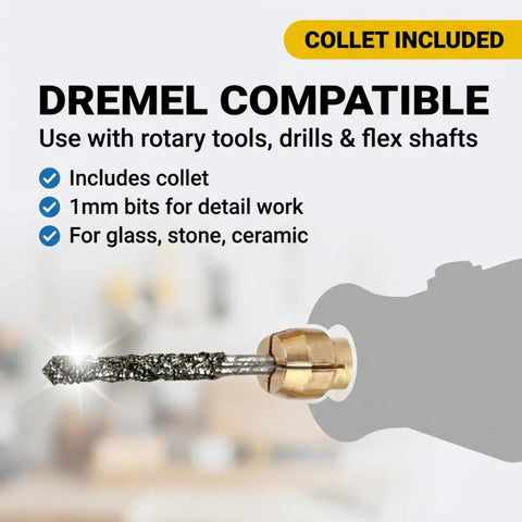 Close-up of 1mm Diamond Drill Bit with collet, compatible with Dremel tools for glass, stone, and ceramic work.