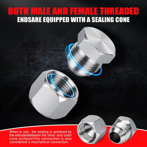Pikwo 180 Pc Master Industrial Hydraulic Cap And Plug Kit For Hose Tube Pipe Fitting showing male and female threaded sealing cones.