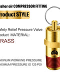 Brass safety relief valve with 1/4-inch NPT male threads, 125 psi, for air compressors