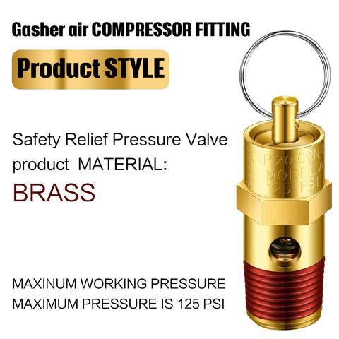 Brass safety relief valve with 1/4-inch NPT male threads, 125 psi, for air compressors