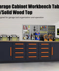 Heavy Duty Garage Cabinet Workbench With Solid Wood Top, features storage drawers and a pegboard setup for tools and hardware.