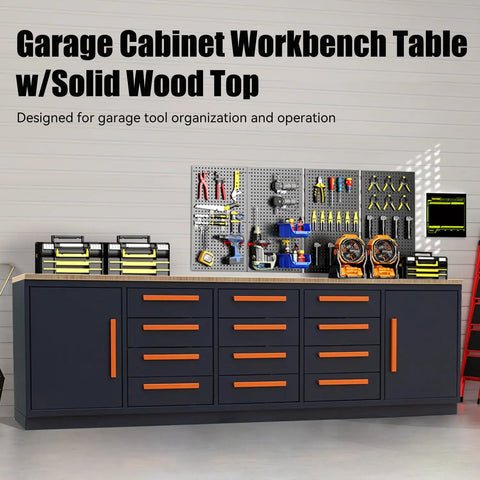 Heavy Duty Garage Cabinet Workbench With Solid Wood Top, features storage drawers and a pegboard setup for tools and hardware.