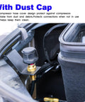 Top Shelf Air Compressor Hose Adapter With Slick Dust Cover And Rock Solid A R B Quick Connect Coupling For Universal On Board Systems Secure Tank Gauge Air Chuck Plug And Play Setup showing dust cap on a compressor connection.