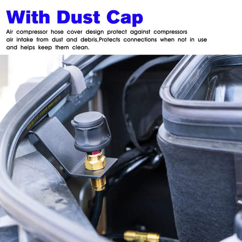 Top Shelf Air Compressor Hose Adapter With Slick Dust Cover And Rock Solid A R B Quick Connect Coupling For Universal On Board Systems Secure Tank Gauge Air Chuck Plug And Play Setup showing dust cap on a compressor connection.