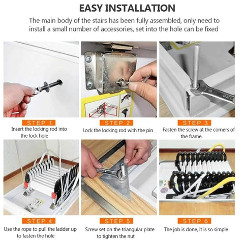 Installation guide for Electric Remote Control Attic Ladder With Hassle Free Pull Down Operation steps using tools and locking mechanism.