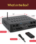 4 Channel Bluetooth Audio Amplifier For Home Stereo And Karaoke Use With 500W Peak Power Dual Mic Inputs shown with remote and antenna