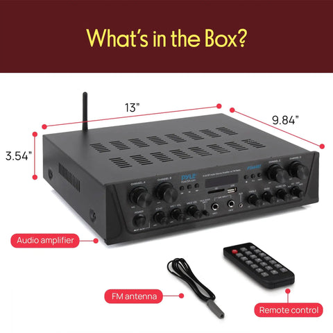 4 Channel Bluetooth Audio Amplifier For Home Stereo And Karaoke Use With 500W Peak Power Dual Mic Inputs shown with remote and antenna