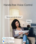 Woman using Smart WiFi Plug Outlet With Alexa And Google Home Support for voice-controlled lamp in living room.