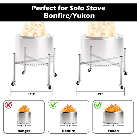 Firepit Stand With 360 Degree Swivel And Locking Wheels Stainless Steel Elevating Stand For 19.5 To 27 Inch Fire Pits Including Solo Stove Bonfire Yukon Great For Grilling And Chillin In The Backyard, showing compatibility with Bonfire and Yukon models.
