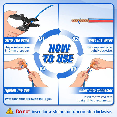 Illustration showing how to use the 180 Piece Twist-On Wire Connectors Kit With Top Notch Durable Nylon Shell And Metal Spring
