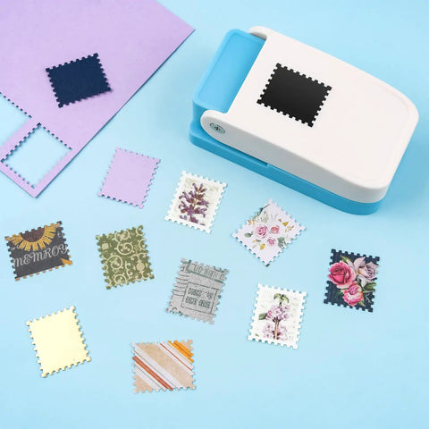 Rectangular Postage Stamp Punch 1x0.8 Inch With Scalloped Edge, Lever Action Paper Punch and punched paper stamps on blue background