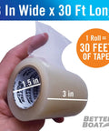 Heavy Duty Clear Patch Tape for Fabric and Vinyl 30 ft long 3 in wide roll with visible size markings, hand-held.